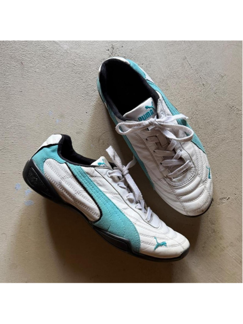 vintage y2k 2000s white teal blue puma speedcat